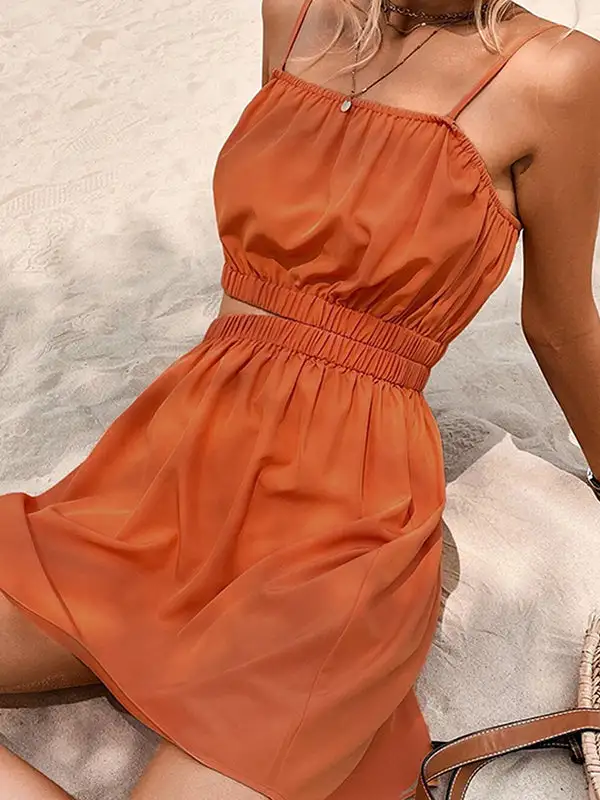 A Line Relaxed Elasticity Hollow Solid Color Split Joint Spaghetti Neck