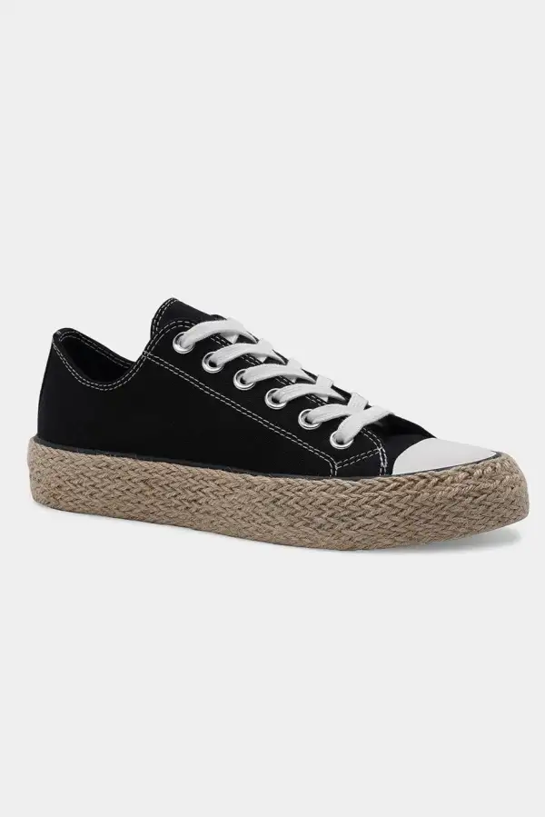 Black Fashion Lace Up Woven Espadrille Sole Sneakers