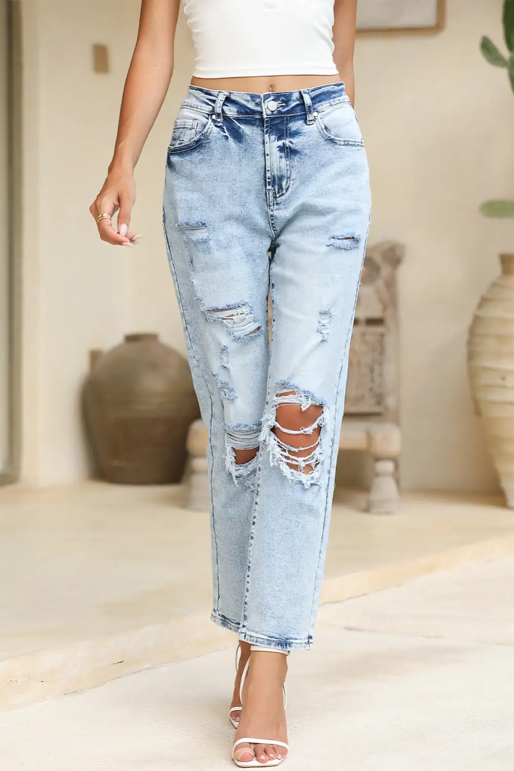 Frayed Slim Fit High Waist Denim Jeans