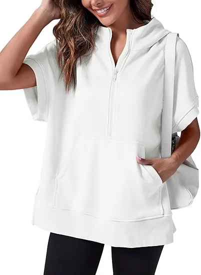 Women's Oversized Half Zip Short Sleeve Hoodie with Pockets