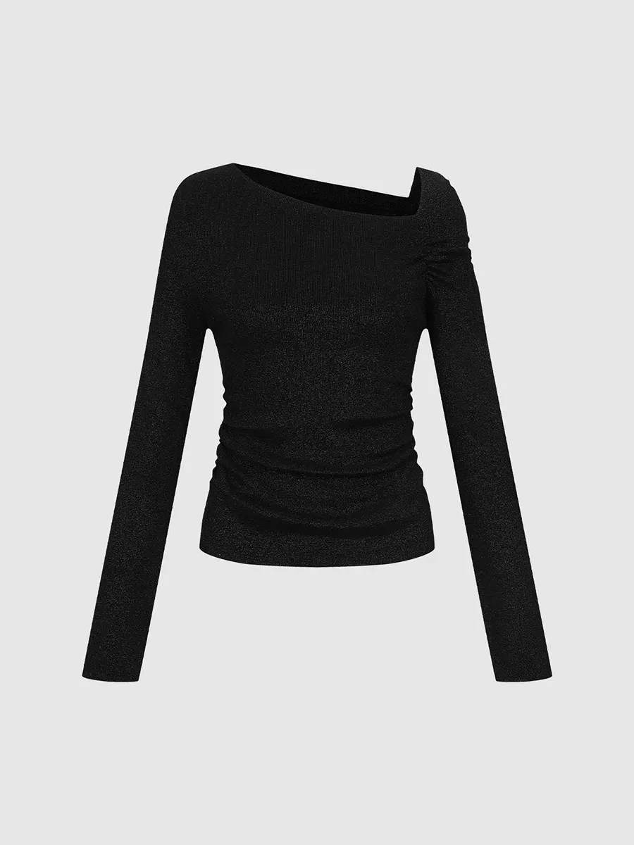 Lady's Shiny Asymmetrical Shoulder T-Shirt