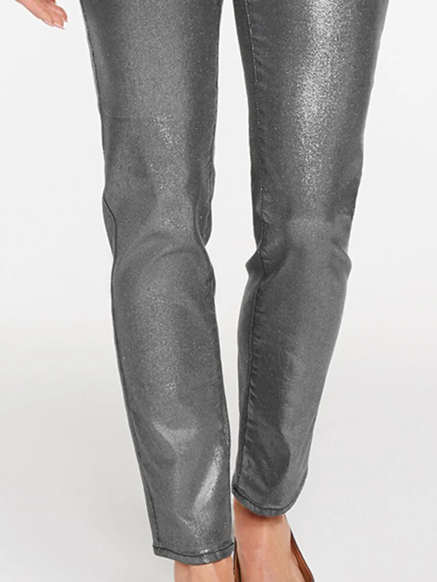 Women'S Silver-Gray Shiny Slim-Fit Cropped Pants