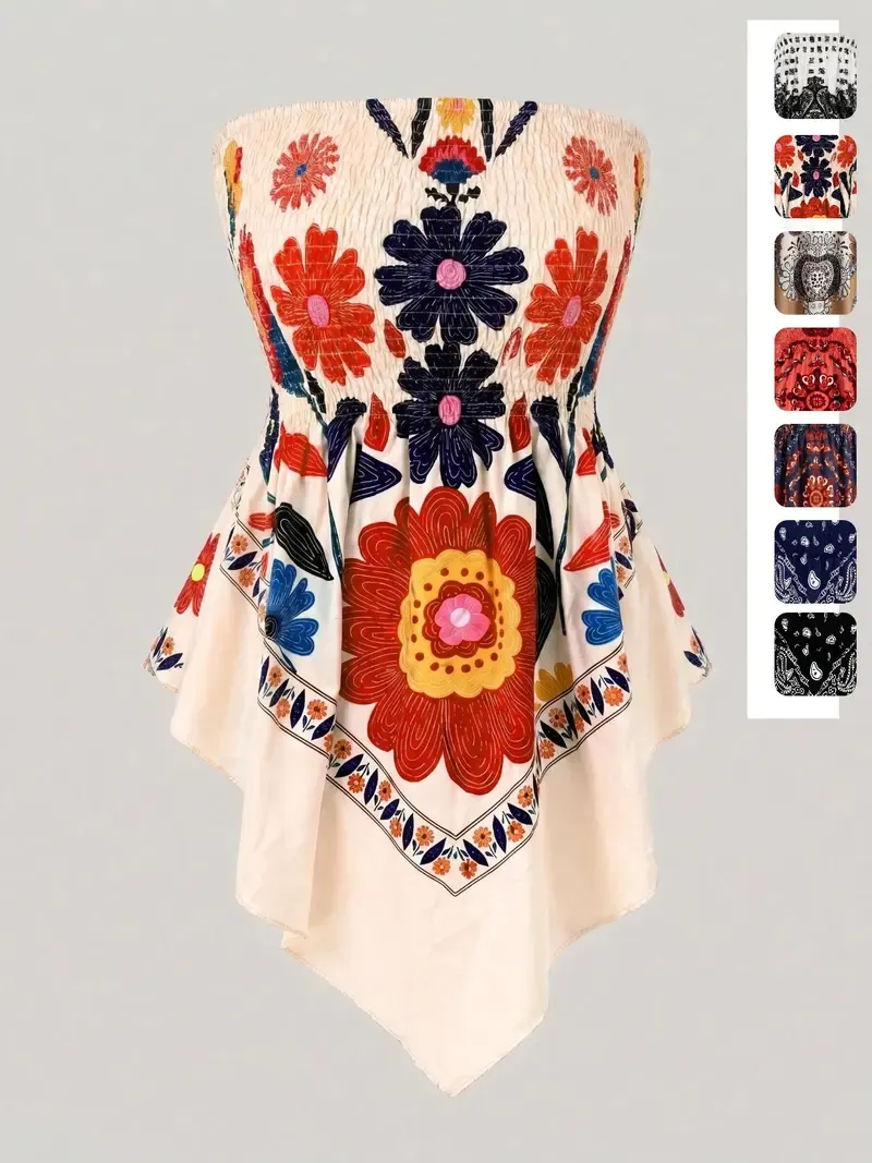 Plus-Size Women's Strapless Top with Ethnic Print