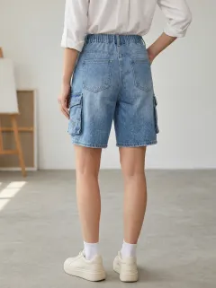 Women's Casual Streetwear Elastic Waist Multi-Pocket Denim Cargo Shorts