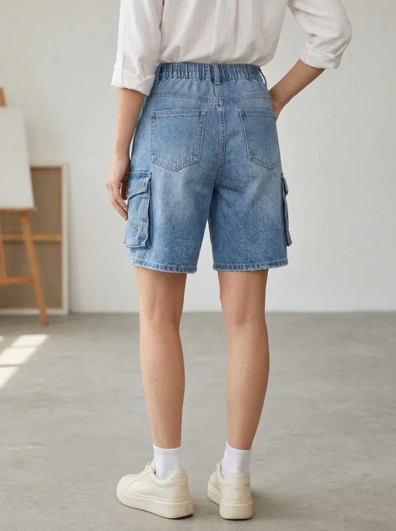 Women's Casual Streetwear Elastic Waist Multi-Pocket Denim Cargo Shorts