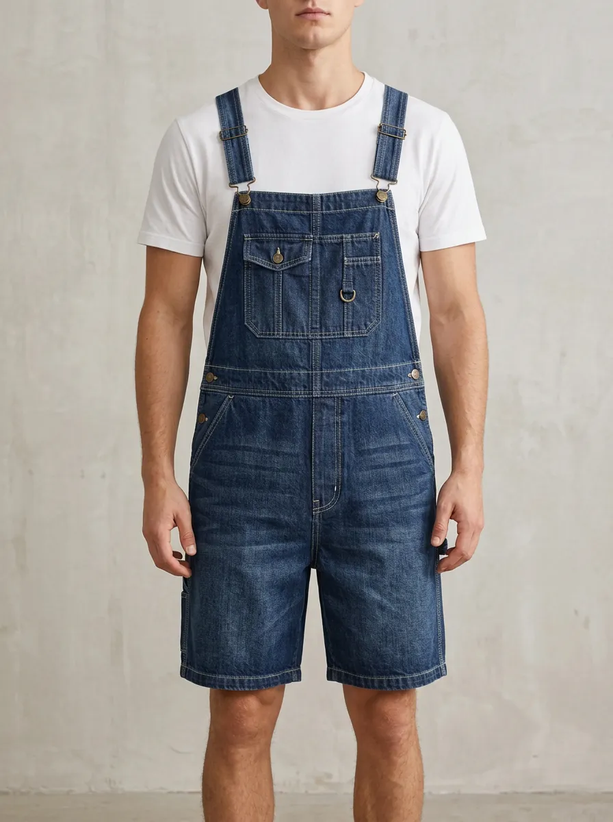 Men's Casual Vintage Wash Denim Bib Overalls Shorts
