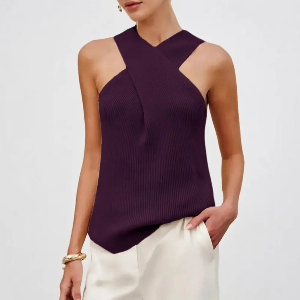 Tanming Women's Halter Cross Over Collar Tank Knit Sleeveless Camisole Top