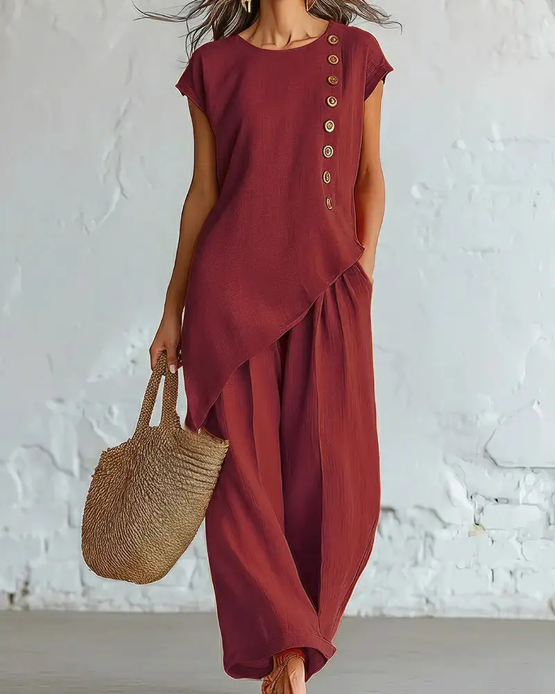 Asymmetrical Button Top and Wide-Leg Pants Lounge Set