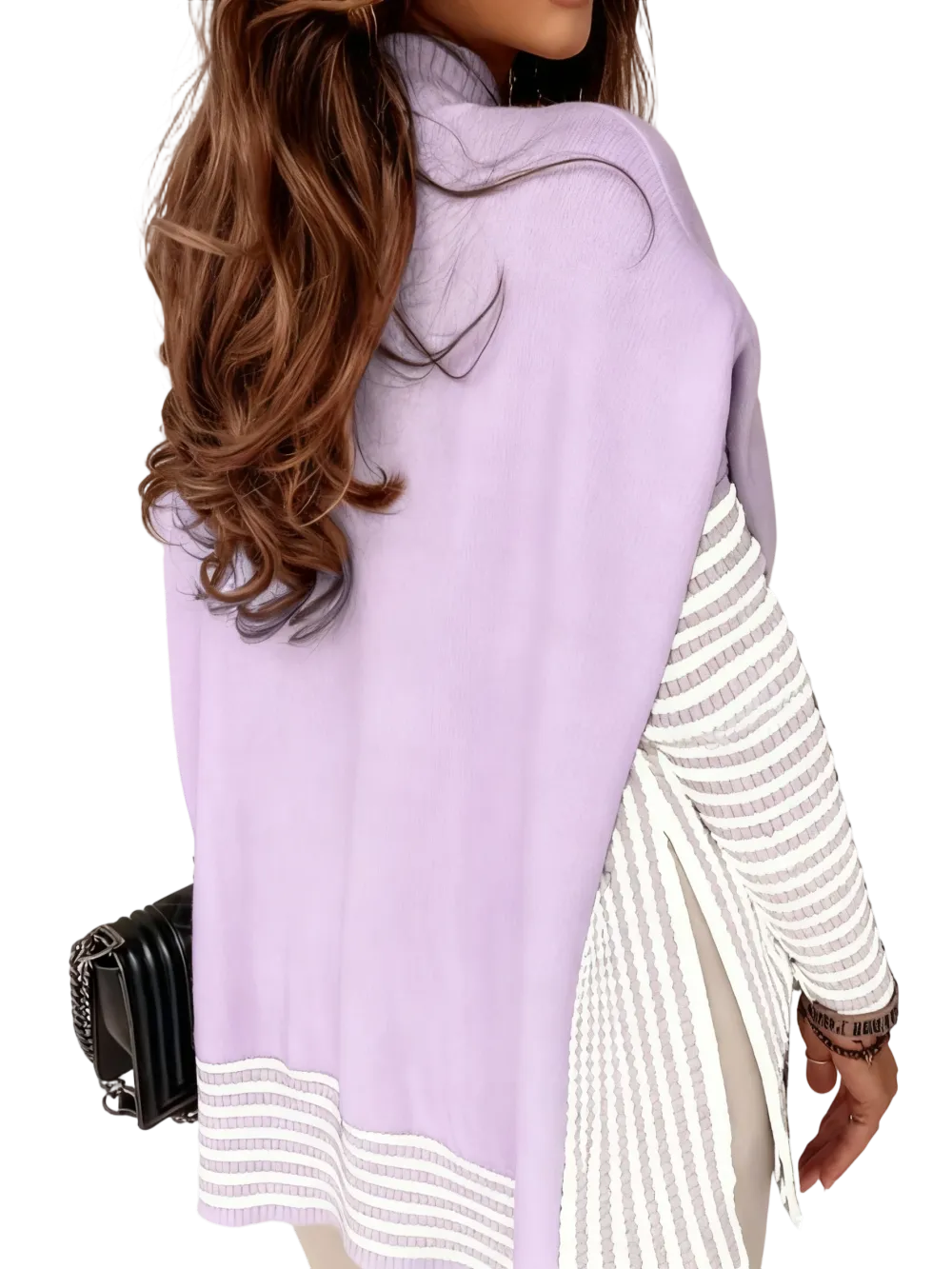 Women's Striped Patchwork Print Batwing Sleeve Split Hem Sweater for Fall & Winter