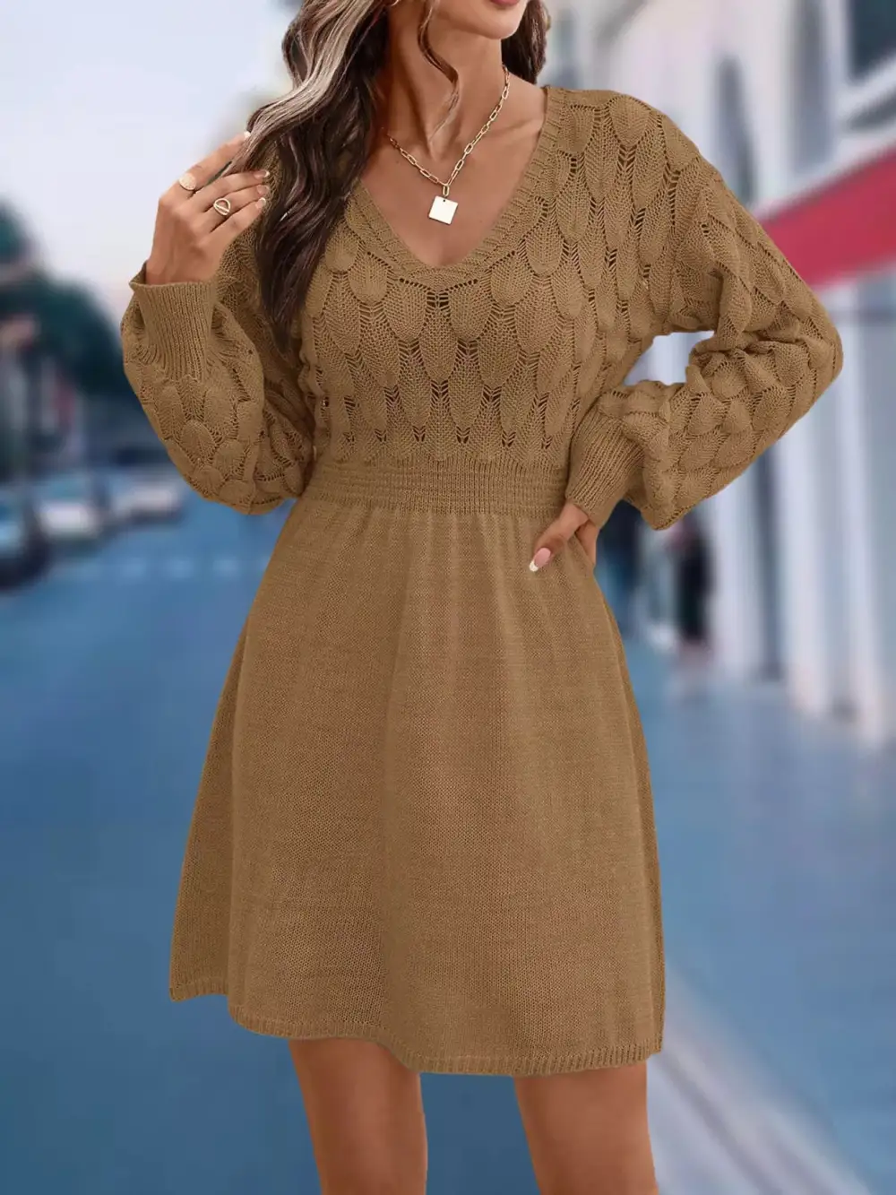 V-Neck Long Sleeve Sweater Knit Dress
