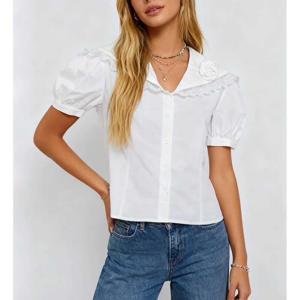 Chic Sailor Collar Lace Trim Short Sleeves Top