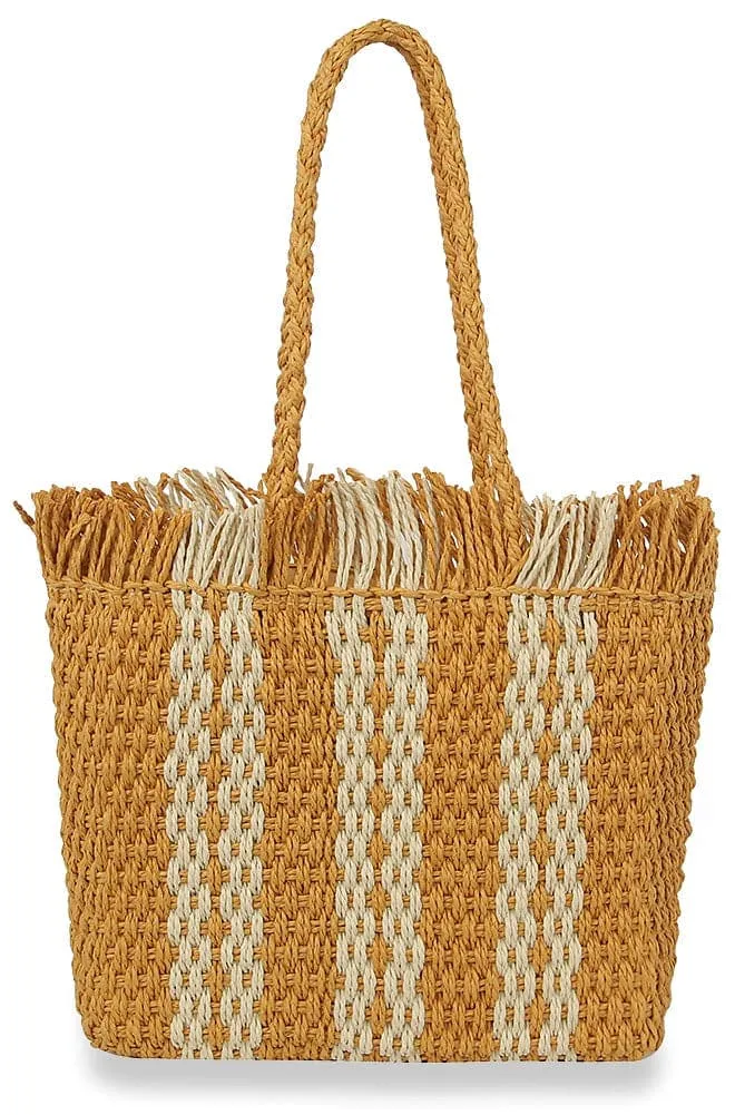 Woven Fringed Pocketed Woven Straw Tote Bag