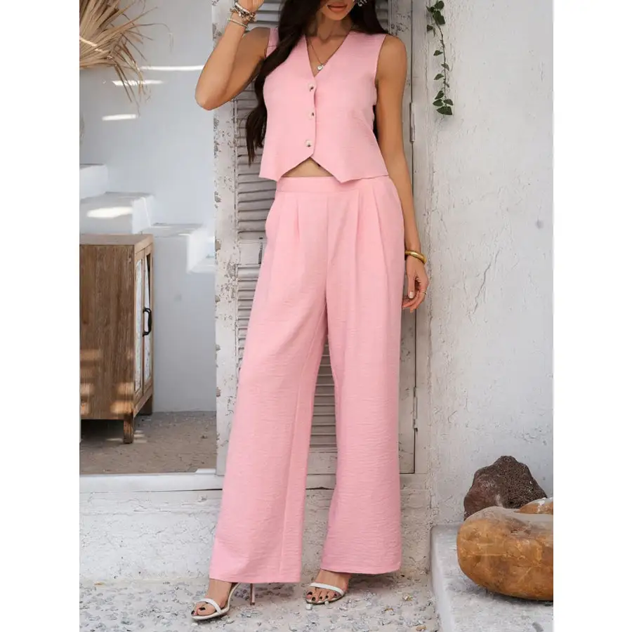 Button Down Vest and Wide Leg Pants Set