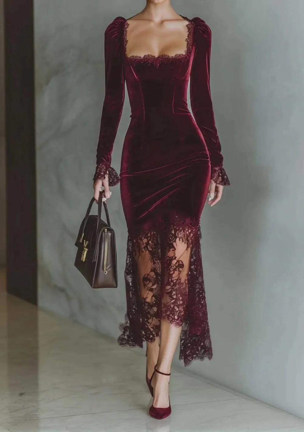 High Neck Velvet Lace Maxi Dress