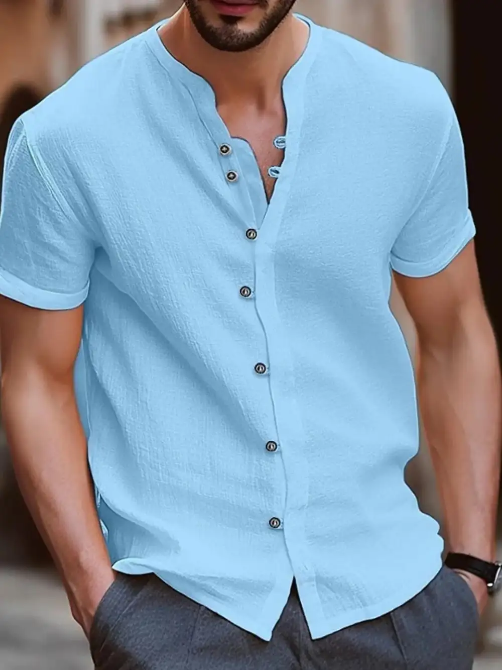 Clean-Lined Short-Sleeve Button-Up Shirt