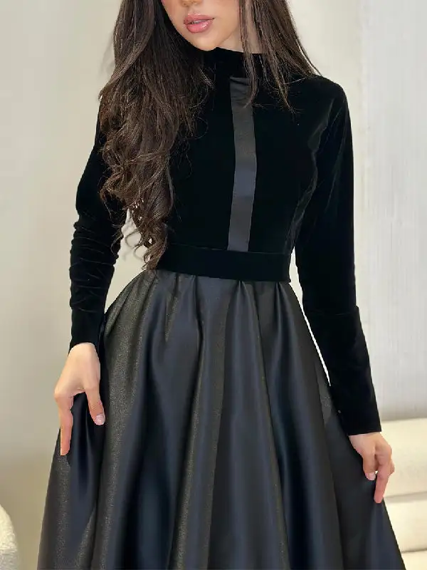 Joint Pleated Long Neck Maxi Dress