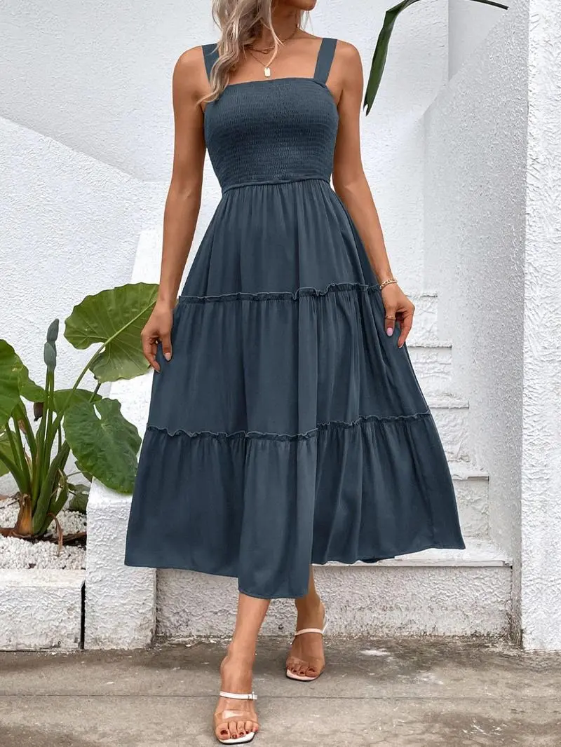 Women'S Frill Trim Ruffle Hem Shirred Backless Sundress Cami Dress, Sleeveless A Line Long Dress, Women'S Clothing For Summer Beach Holiday, Boho Clothes Women, Vintage Girly Clothes,