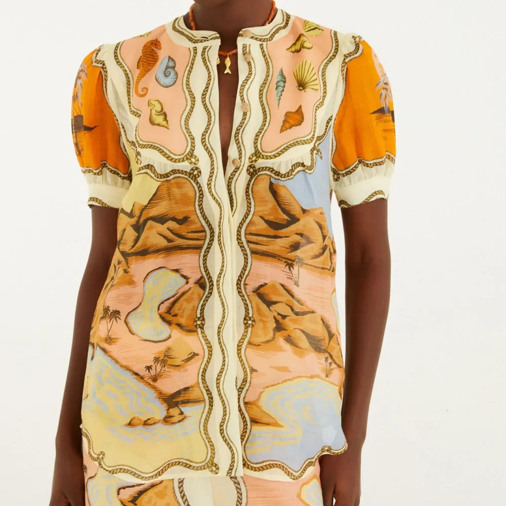 Tropical-Print Puff-Sleeve Short-Sleeve Blouse