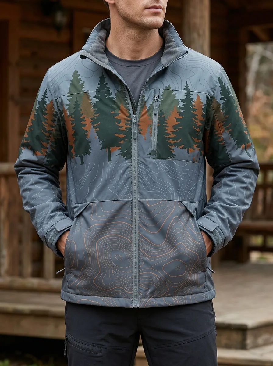 Men's Outdoor Nature Lover Pine Forest Topographic Printed Jacket