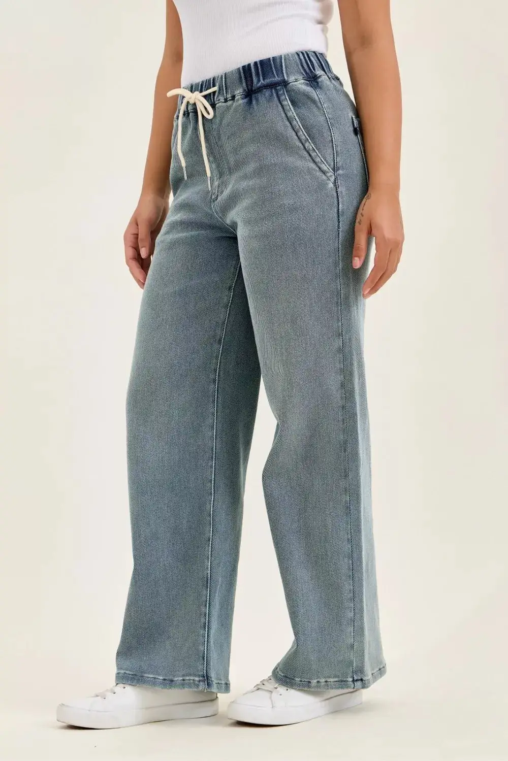 High Rise Drawstring Wide Leg Jeans