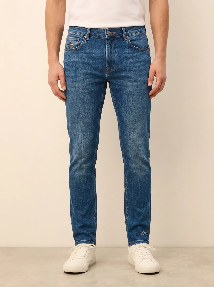 Men's Classic Comfort Compass Logo Embroidered Stretch Denim Jeans