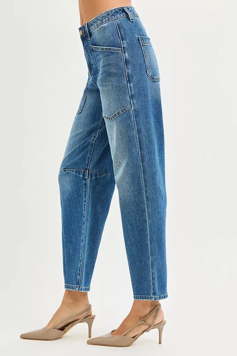 Mid Rise Barrel Leg Pocketed Denim Jeans