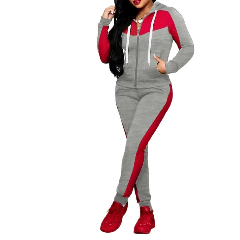 Two-Piece Set Women's Colorblock Zip Up Hoodie & Pocket Pants