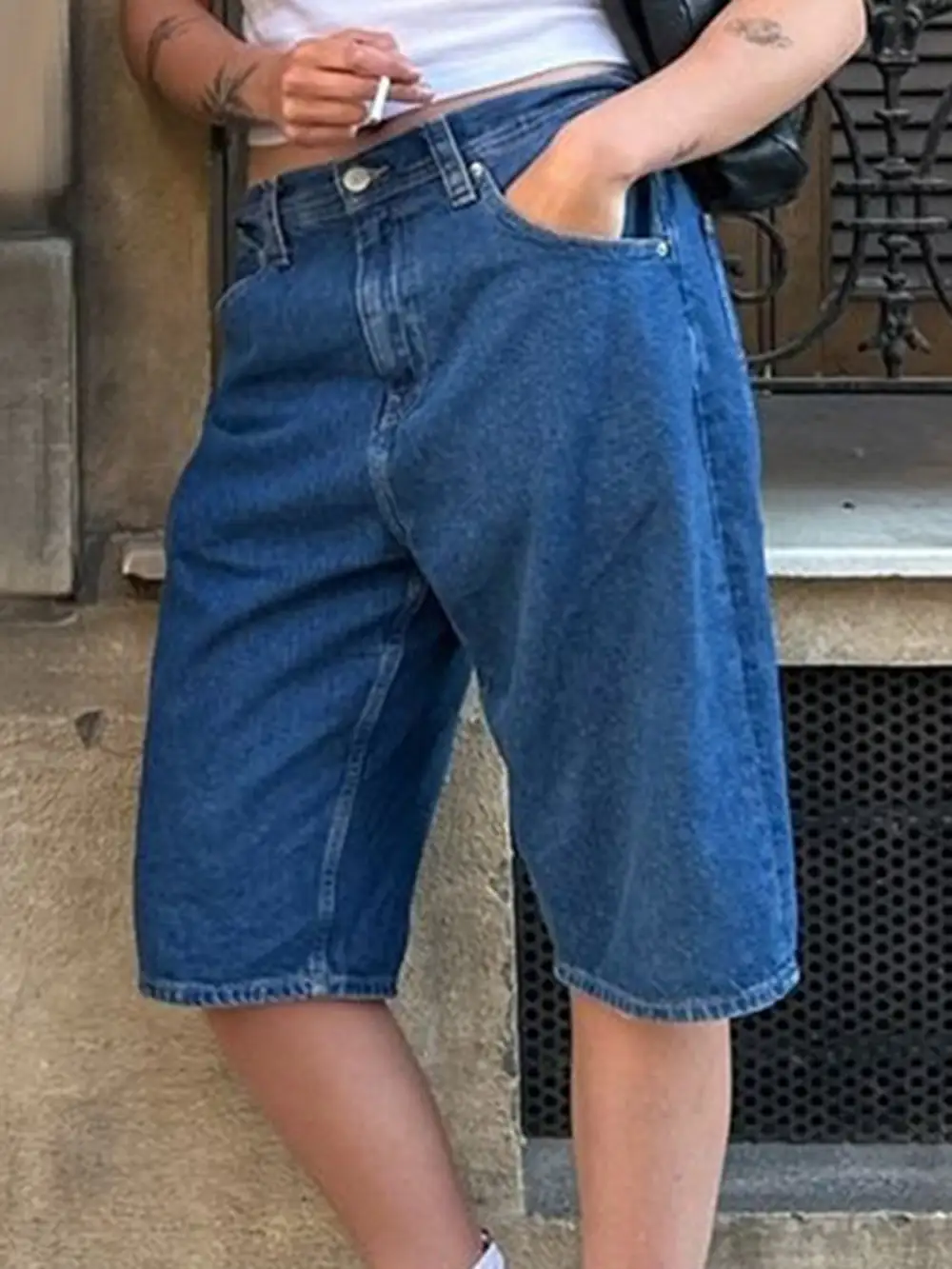 Textured High Waist Denim Shorts with Pockets