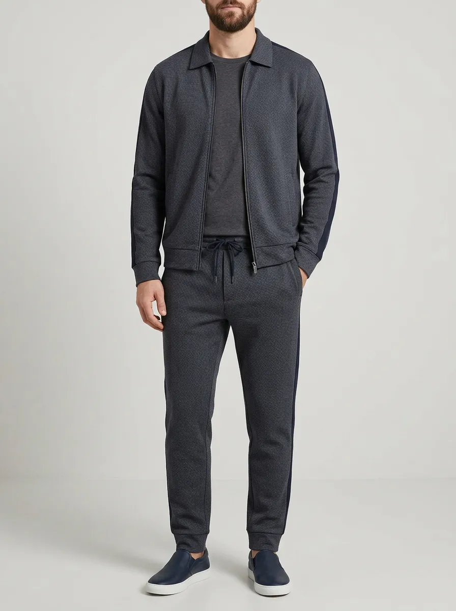 Men's Vintage Inspired Houndstooth Polo Collar Jacket and Jogger Pants Set