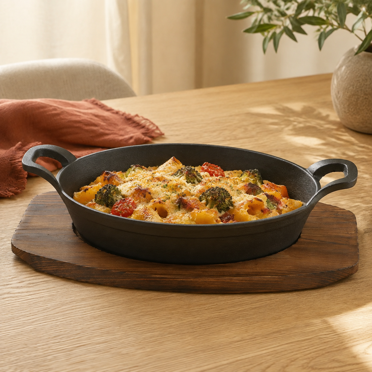 Baked vegetables served in the oval cast iron pan on its wood tray