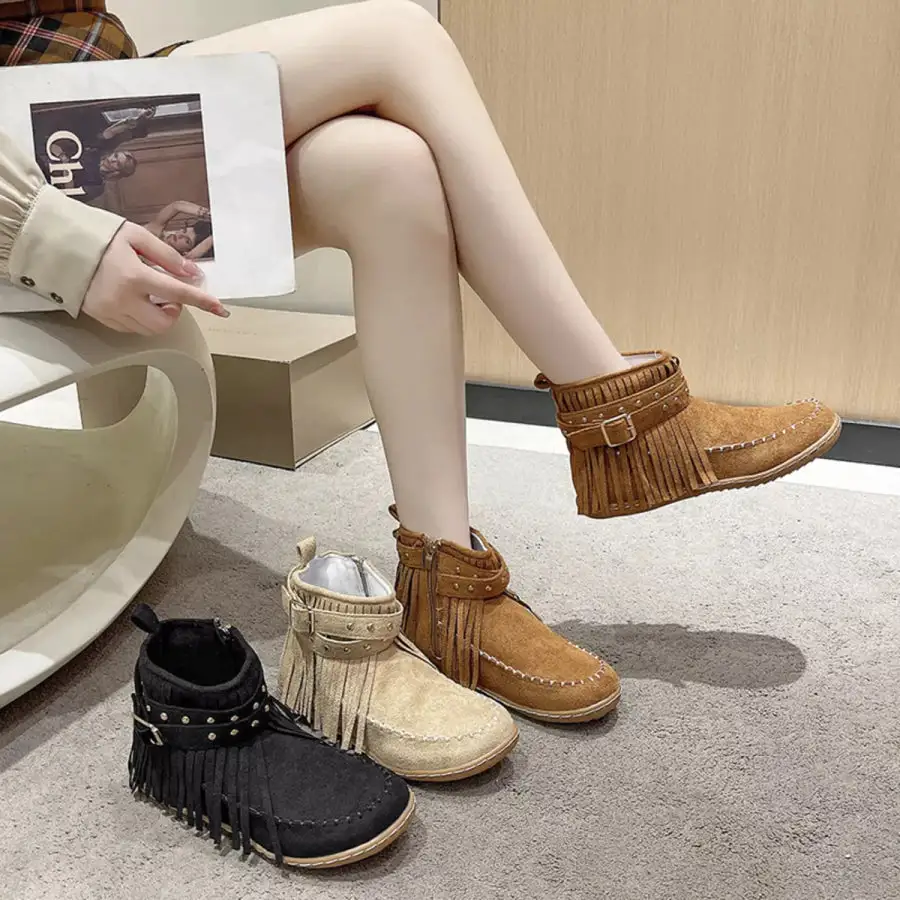 Fringe Round Toe Boots Shoes