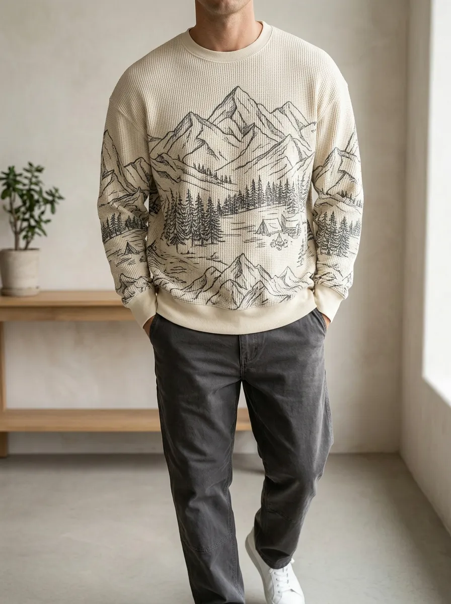 Men's Outdoor Camping Mountain Landscape Printed Waffle Knit Sweatshirt