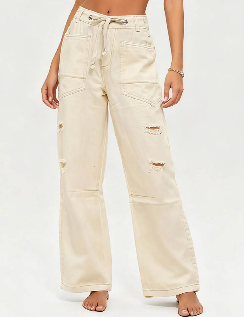 Distressed Wide Leg Patch Pocket Denim Pants