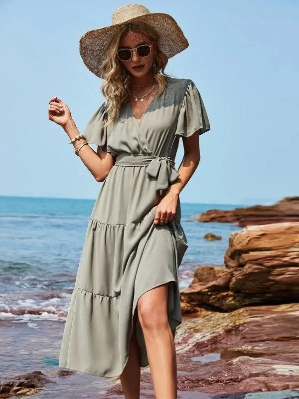 Women Surplice Front Ruffle Hem Belted Dress