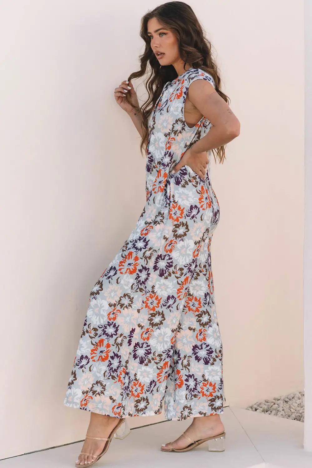 Floral Sleeveless Buttoned Pocketed Wide Leg Jumpsuit