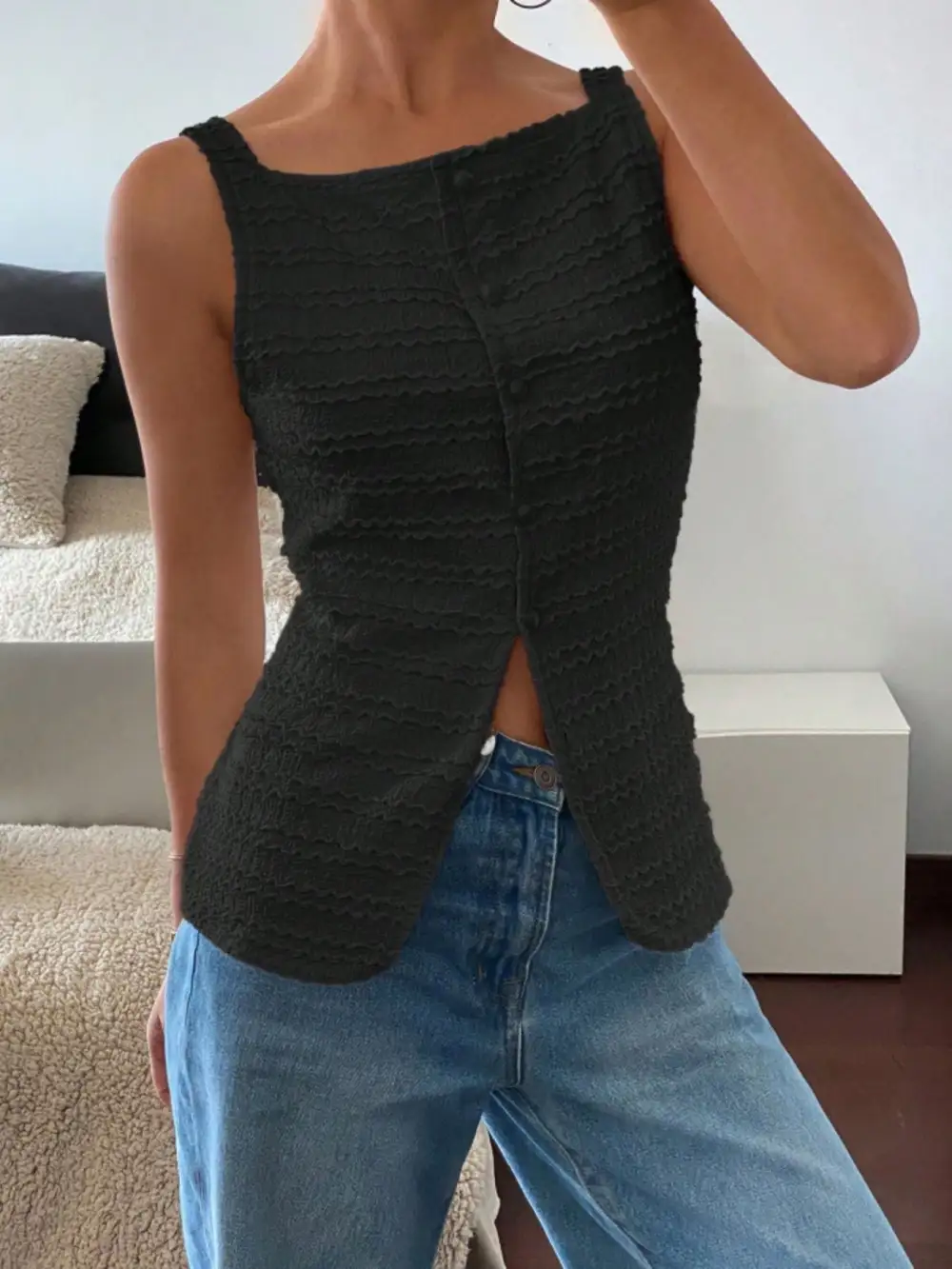 Textured Button Front Tank