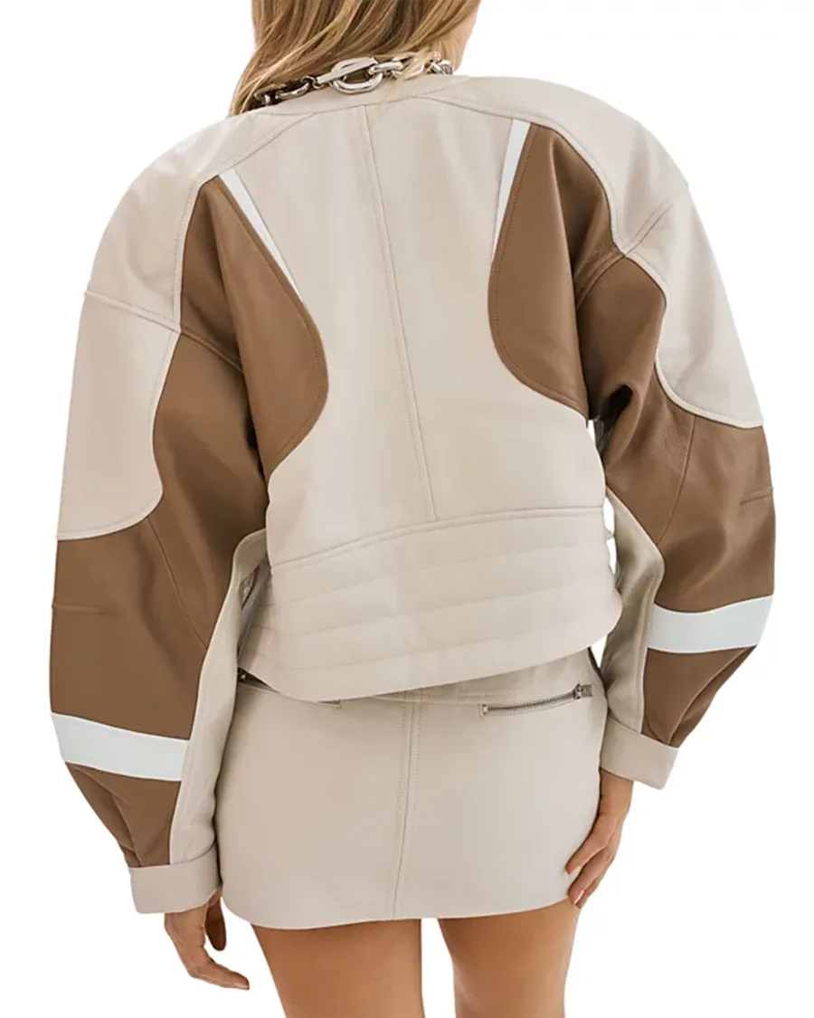 Cropped Leather Contrast Insert Racer Jacket