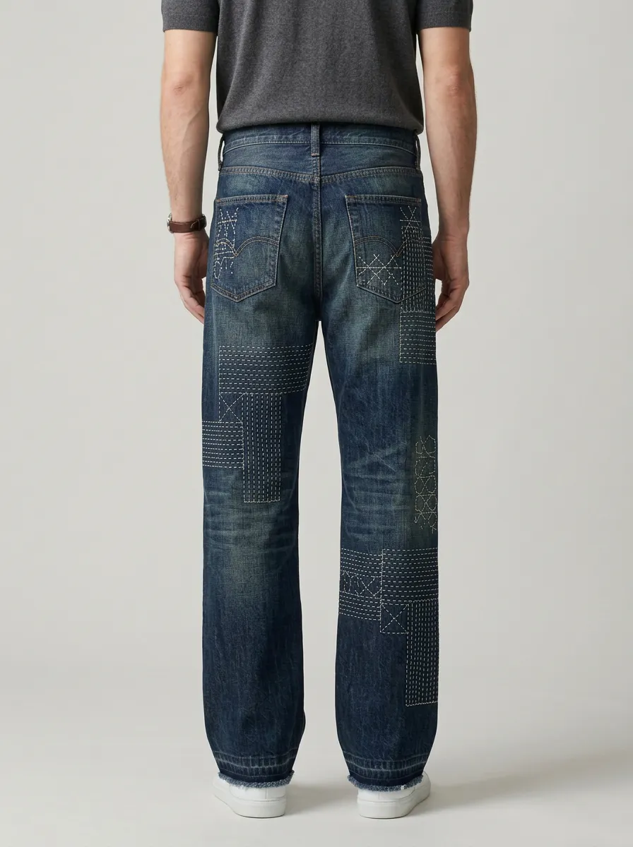 Wide Leg Stitching Detail Men's Loose Fit Jeans