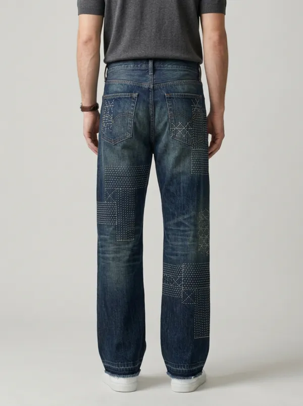 Wide Leg Stitching Detail Men's Loose Fit Jeans