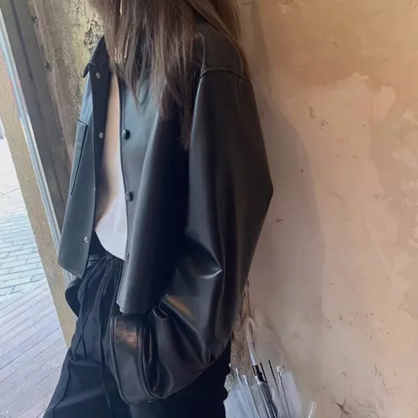 Tailored Faux-Leather Leather Casual Outerwear Jacket