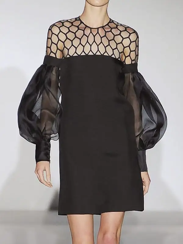 Refined Long Sleeve Relaxed Hollow Solid Color Split Joint Round Neck Mini