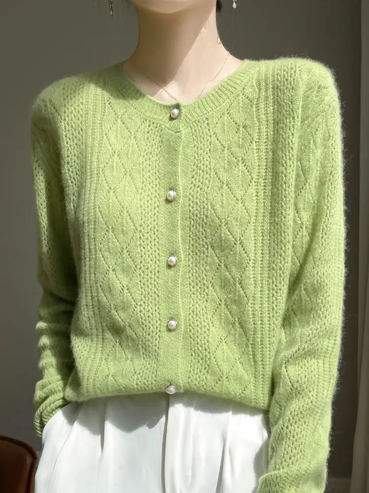 Merino-Wool Wool Pearl-Button Crew-Neck Cardigan