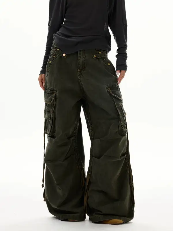 Wide-Leg Cargo-Pocket Strap-Detail Jeans
