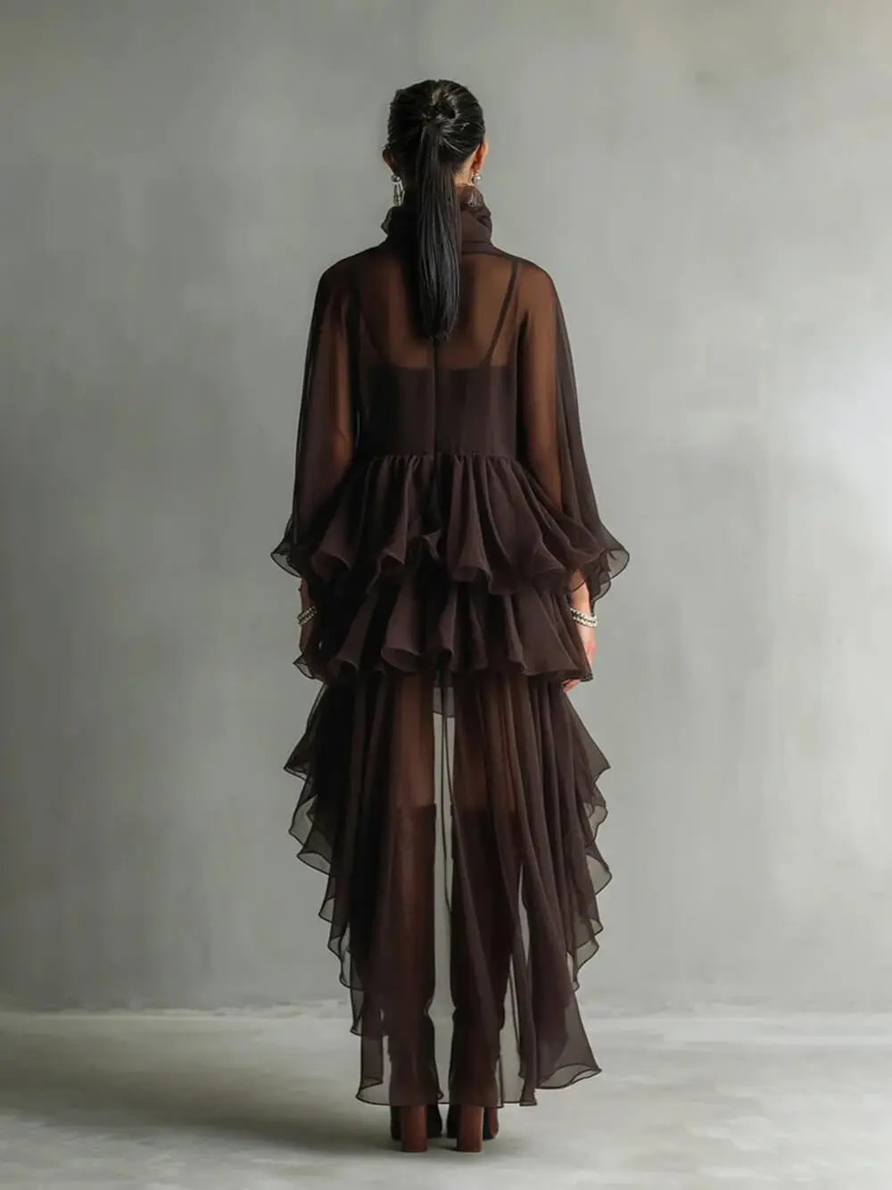 Elegant Ruffled Chiffon High Neck Loose Midi Dress