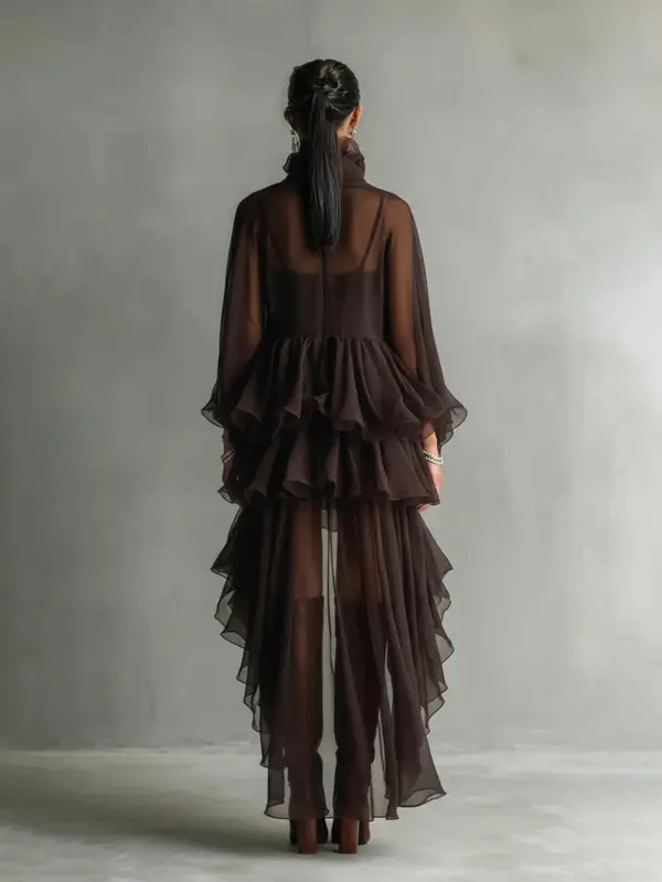 Elegant Ruffled Chiffon High Neck Loose Midi Dress