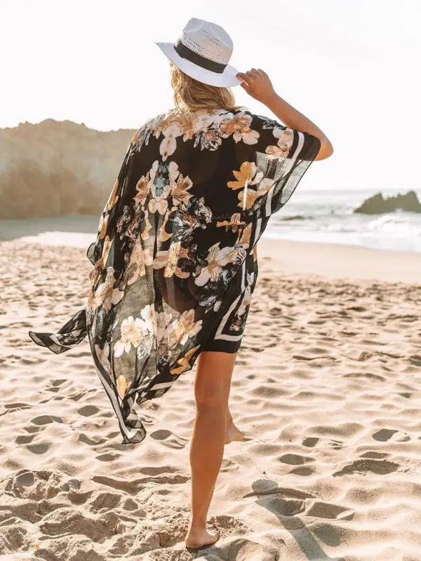 Mid Length Slit Chiffon Printed Sunscreen Swimsuit
