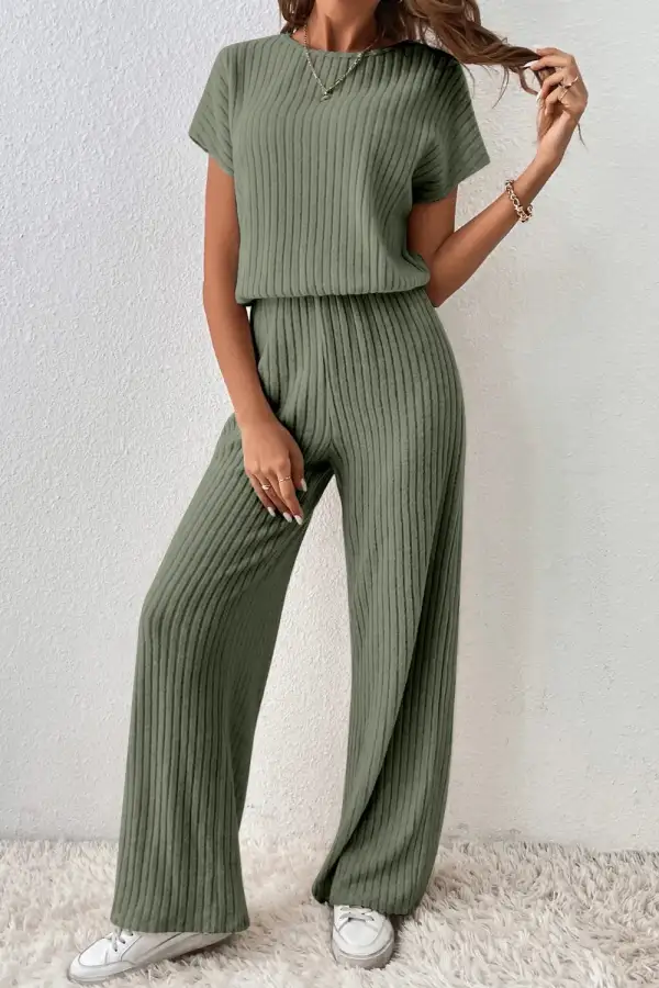 Ribbed Short Sleeve Wide Leg Jumpsuit Shorts