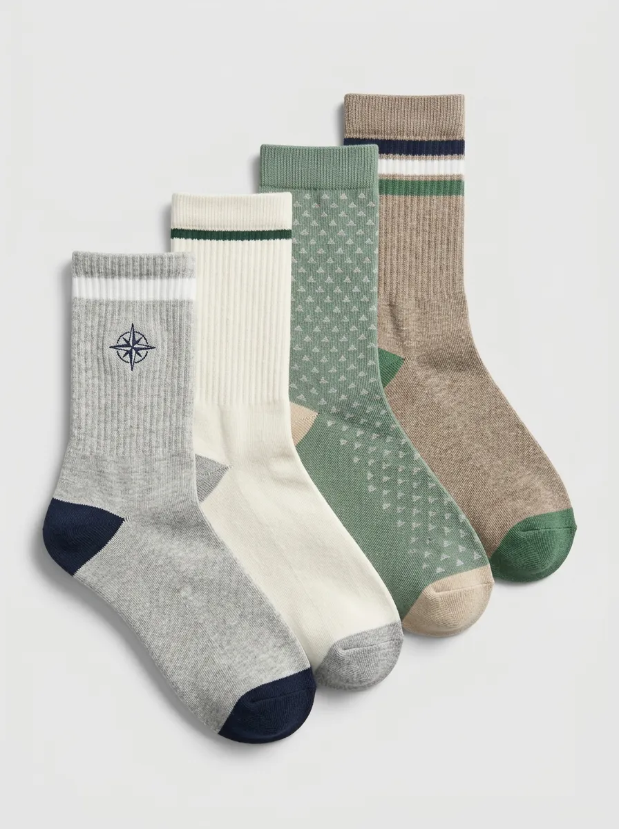 Compass Motif Striped Geometric Heathered Texture Men's Crew Socks Four-Pair Pack