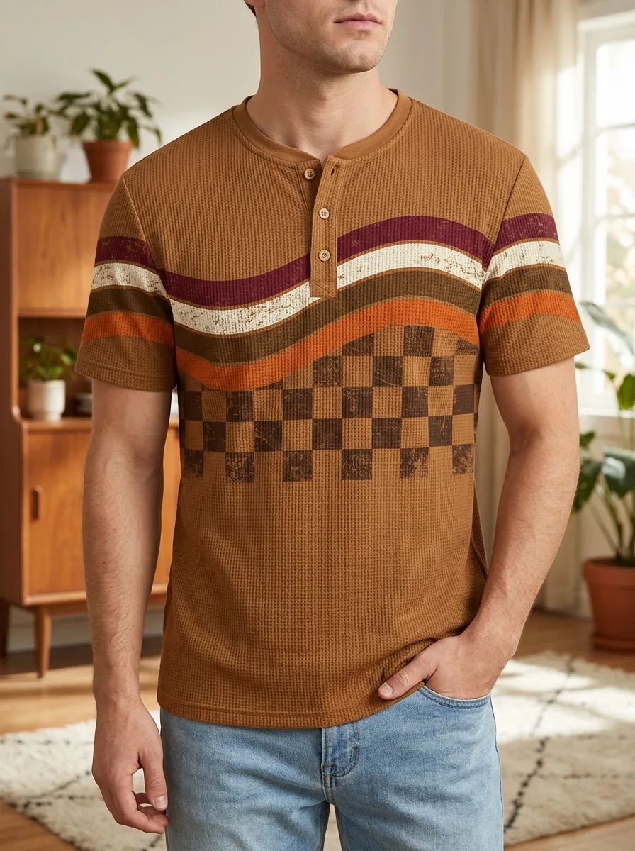 Men's Retro Waffle Knit Checkerboard Striped Printed Henley T-shirt