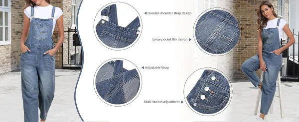 Women's Denim-Effect Print Plicated Wide Leg Overalls Jumpsuit, Minimalist Chic Fashion Casual Pocket Square Neck Overalls Jumpsuit for Daily Outdoor Wear, Ladies Clothes for All Seasons